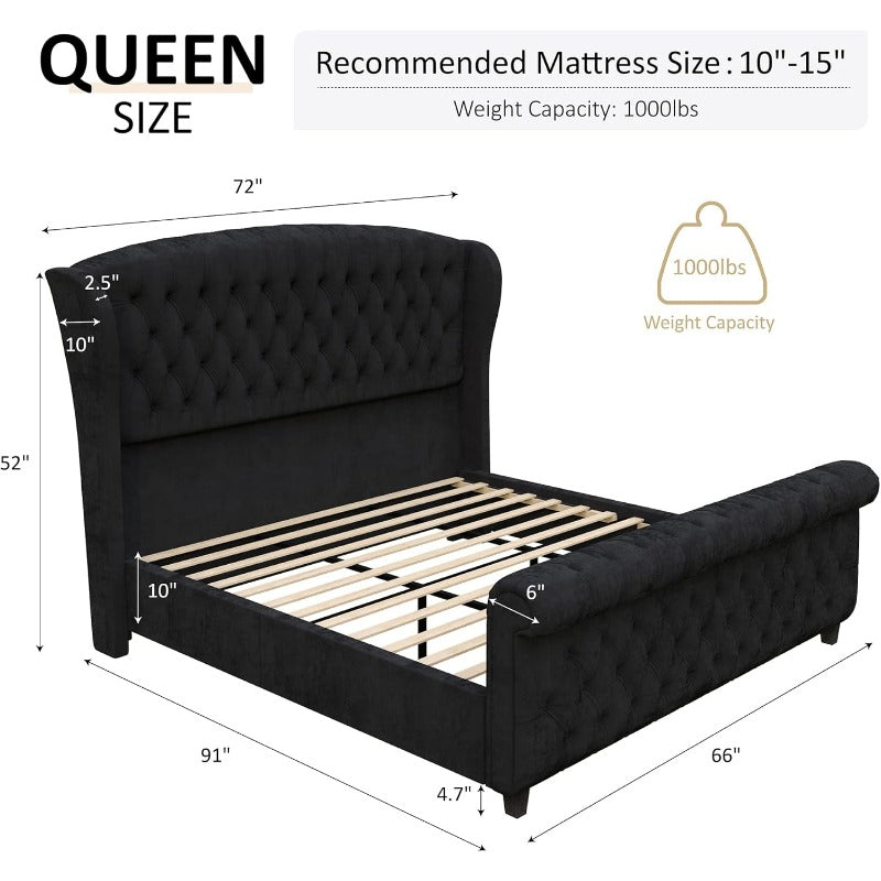 King Size Platform Bed Frame Chenille Upholstered Sleigh Bed with Scroll Wingback Headboard & Footboard/Button Tufted/No Box Spring Required/Cream