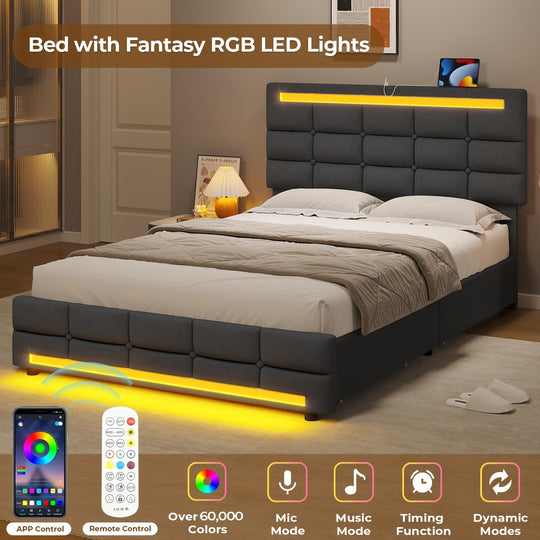 Queen/ Full Bed Frame With LED Lights, Queen Size Bed Frame With Adjustable Headboard, Bed Frame With Storage, No Box Spring Needed, Noise Free, Dark Grey