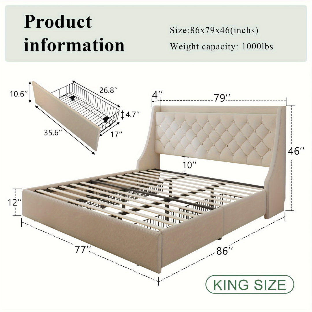 Upholstered Platform Beds With 4 Storage Drawers, Platform Bed With Charging Station & Deluxe Wingback Storage Headboard, Solid Wood Slats Support, No Box Spring Needed, Noise-Free