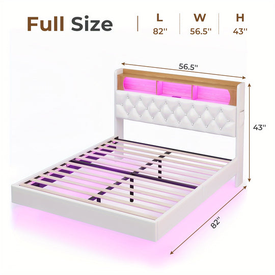 King/ Queen/ Full Floating Bed Frame with Storage Headboard, Leather King Platform Bed with LED Lights & Charging Station, Modern LED Floating Bed, No Box Spring Needed, White