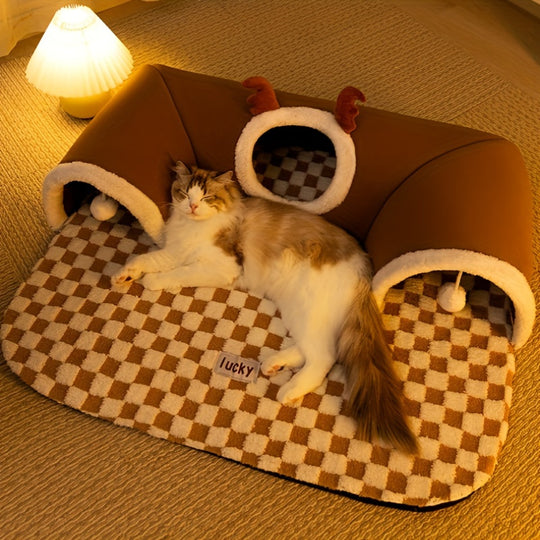 Cozy Plaid Holiday season Reindeer Cat Tunnel - Interactive Play & Sleep Bear-Shaped Pet Bed for Cats