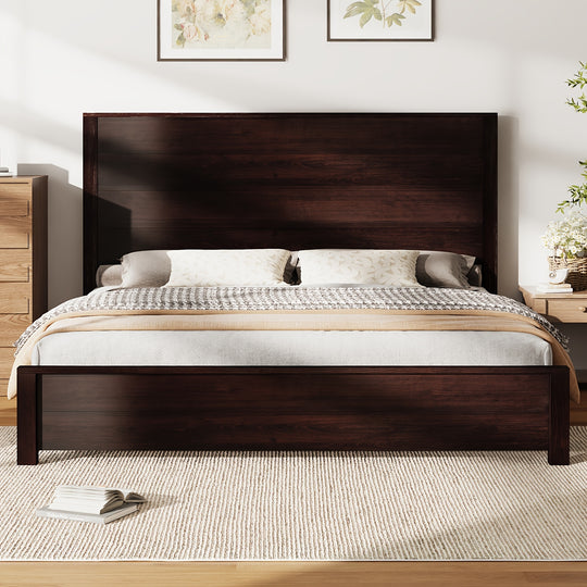 Rustic Solid Wood Platform Bed Frame With Spliced Headboard, Noise-Free Slat Support, No Box Spring Needed