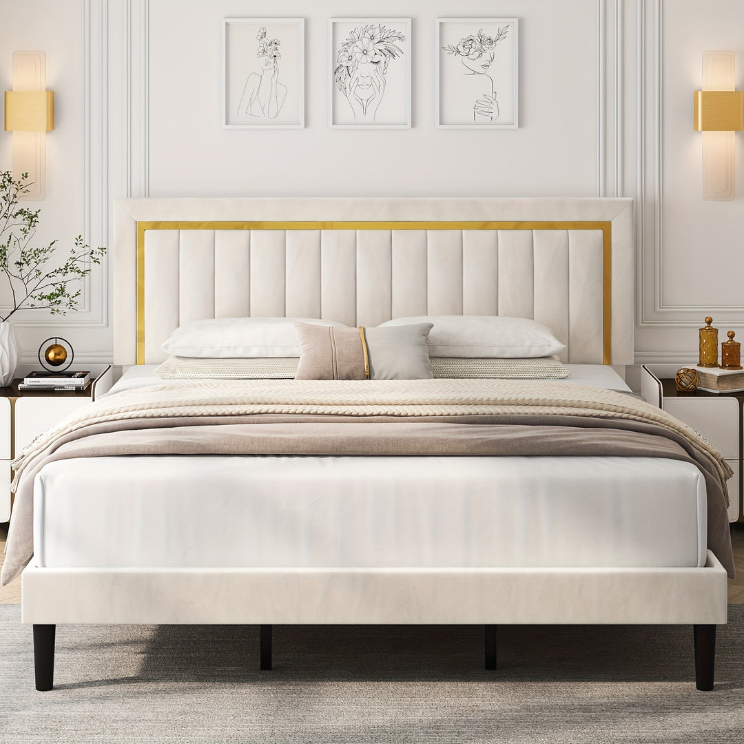 FULTRU Queen/ King Size Bed Frame With Adjustable Tufted Headboard, Modern Bed with Metal Gold, Velvet Upholstered Platform Bed Frame With Gold Trim, Heavy Duty Mattress Foundation With Steel Frame, Easy-Assembly Slats, Beige