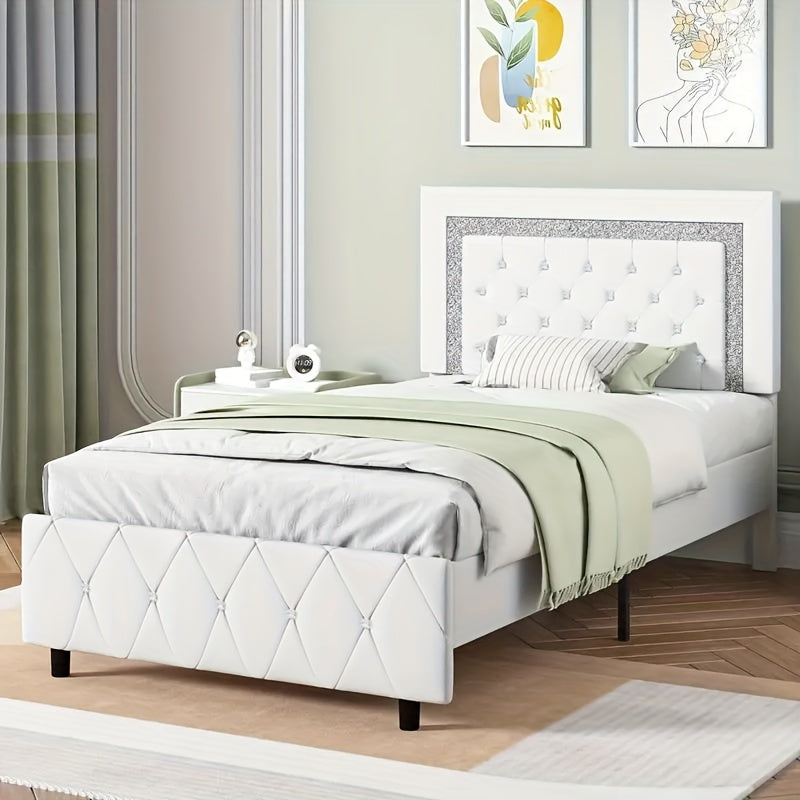 Bed Frame, Upholstered Bed Frame with Diamond Tufted Headboard, Faux Leather Headboard, Easy Assembly, No Box Spring Needed