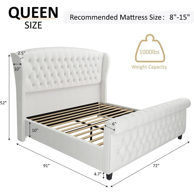 King Size Platform Bed Frame Chenille Upholstered Sleigh Bed with Scroll Wingback Headboard & Footboard/Button Tufted/No Box Spring Required/Cream