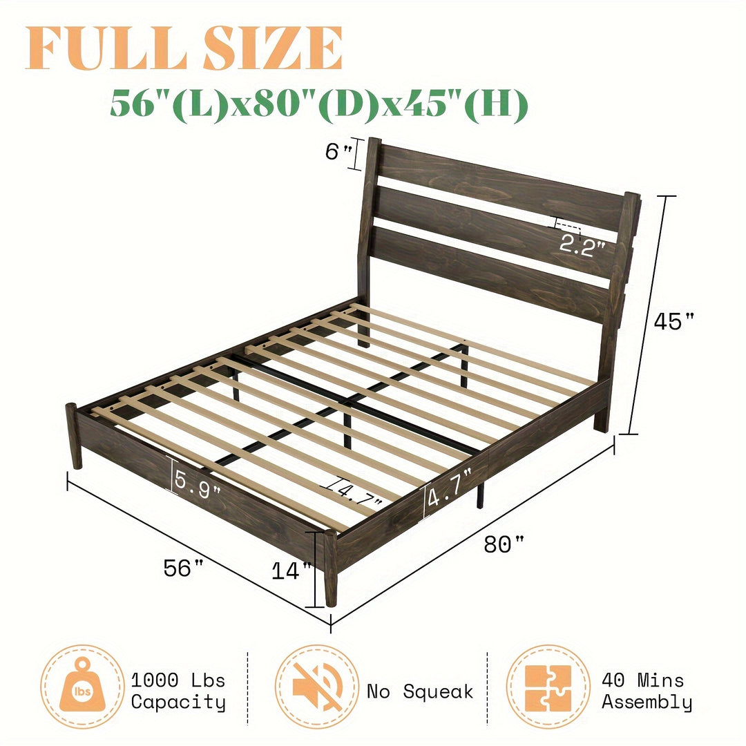 Solid Wood Bed Frame, Mid Century Platform Bed with Reclining Slatted Headboard, Wood Slat Support/No Box Spring Needed/Noise Free