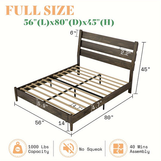 Solid Wood Bed Frame, Mid Century Platform Bed with Reclining Slatted Headboard, Wood Slat Support/No Box Spring Needed/Noise Free