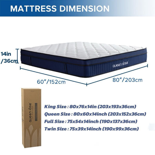 QUEENROSE Mattress, 14 Inch Twin/Full/Queen/King size Hybrid Mattress for Comfy Sleep, Individually Wrapped Pocket Coils Innerspring Mattress for Motion Isolation, Medium Firm, Mattress in a Box