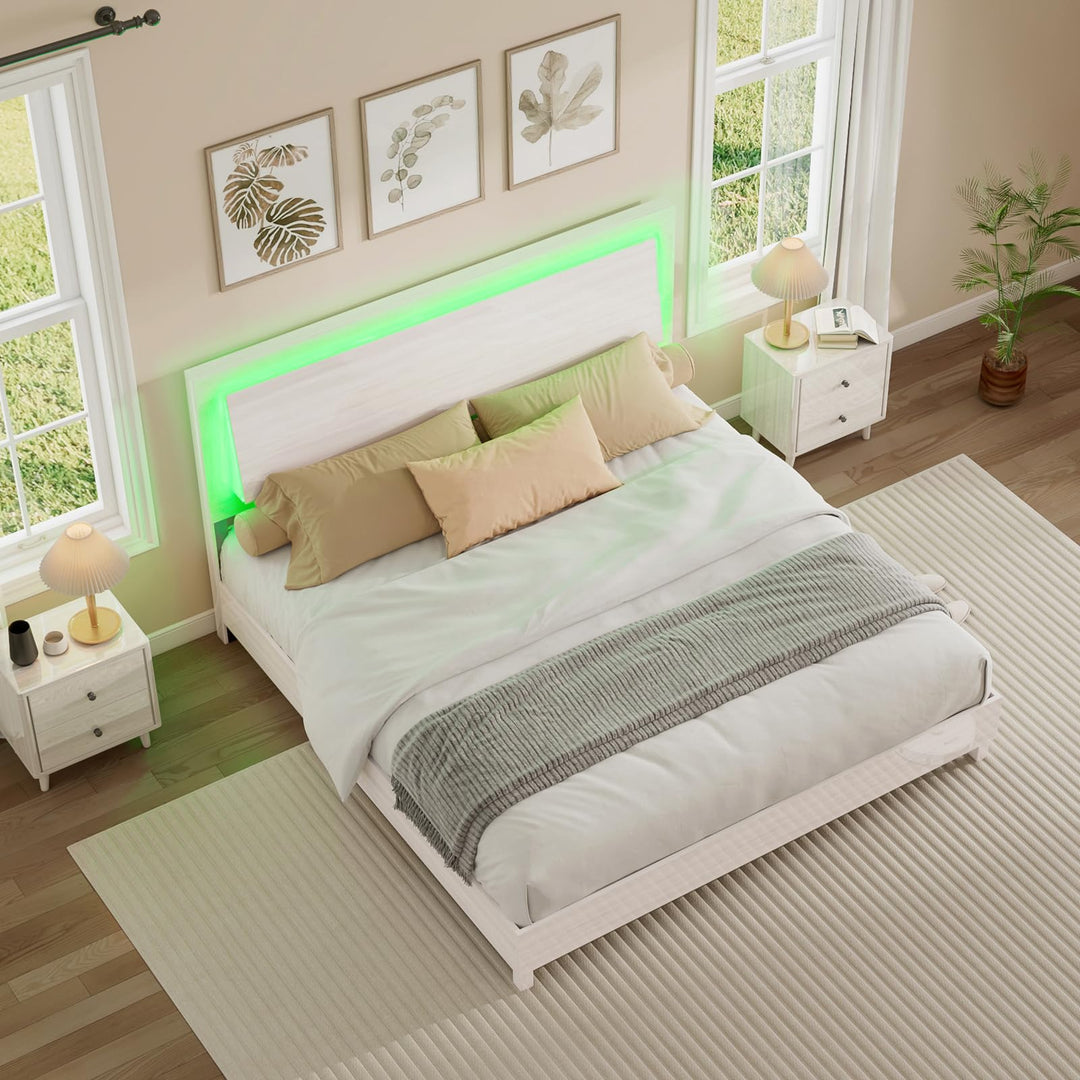 Contemporary Gloss Bed Frame with LED Headboard, Ergonomic Floating Design, Platform Style - No Box Spring Needed, Available in White