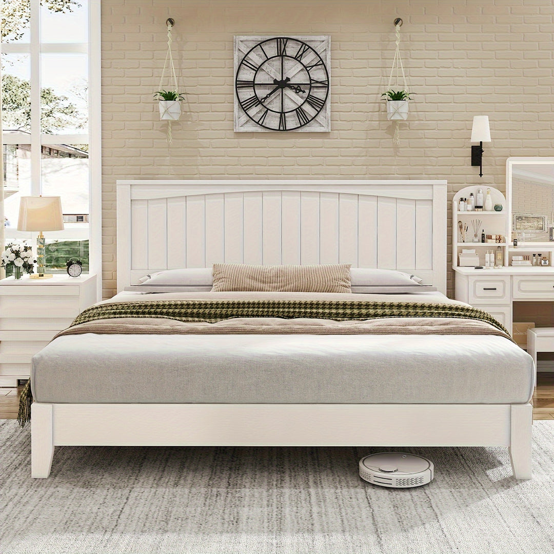 Mid-Century Modern Solid Wood Platform Bed Frame With Arched Headboard, Noise-Free Design, No Box Spring Required