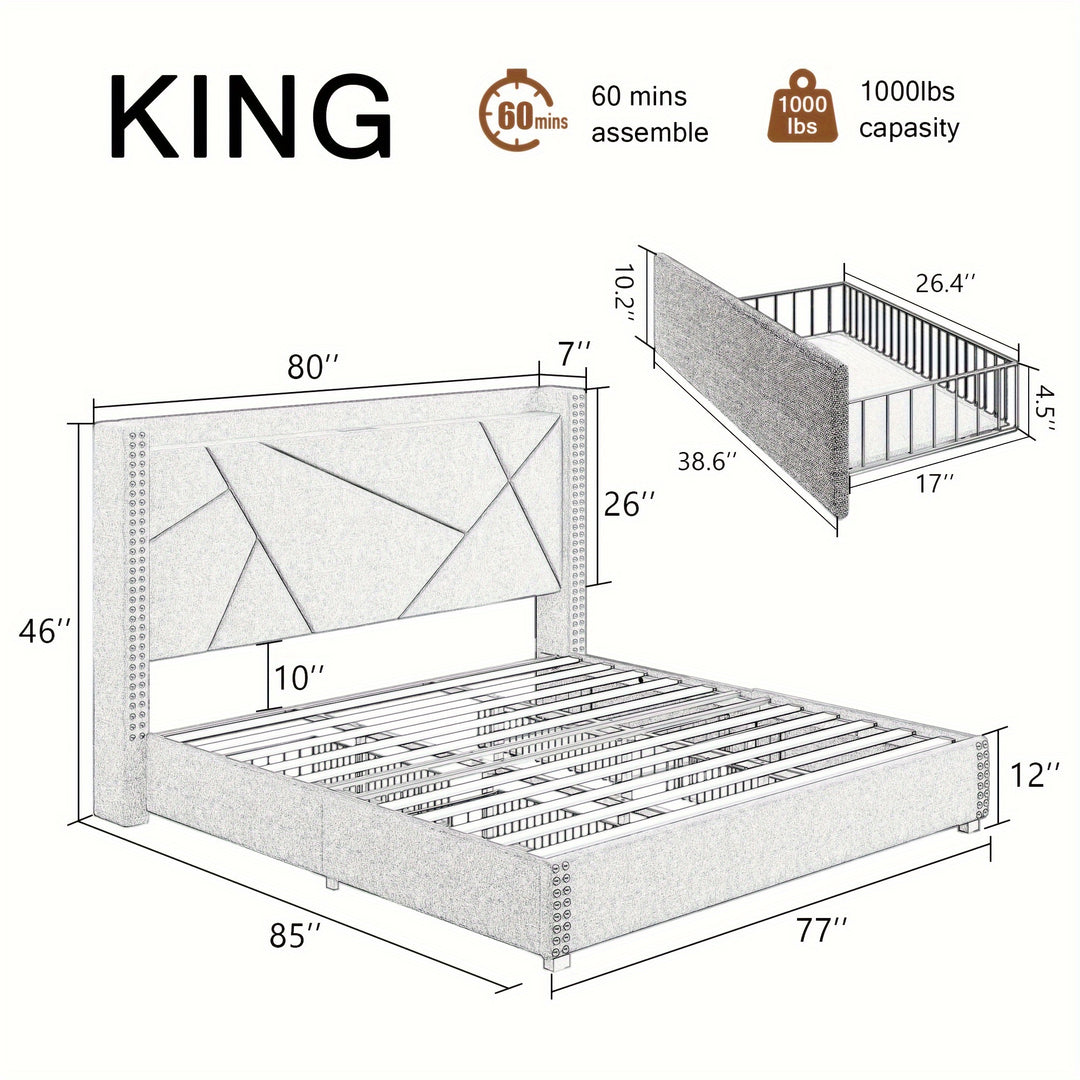 Upholstered Bed Frame with Storage Drawers, Charging Station, Wingback Headboard, No Box Spring Needed