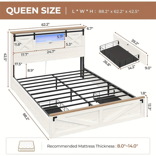 Walnut White Farmhouse Queen Platform Bed with LED Lights, Charging Station & Storage Shelves