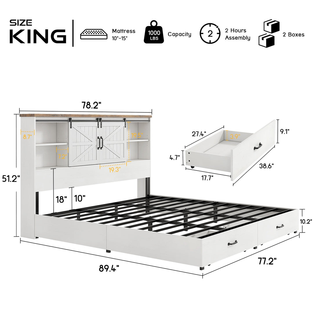 Farmhouse-Style Wooden Platform Bed Frame Boasting a 51.2" Bookcase Headboard, Integrated Storage with a Sliding Barn Door Charging Station and 2 Drawers - No Box Spring Required, Totally Noise-Free