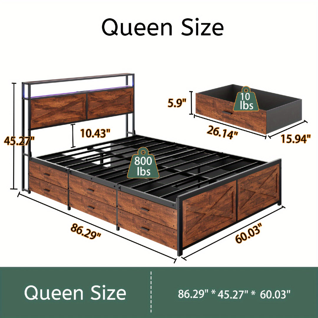 Queen Bed Frame With Storage Headboard And 12 Drawers LED Lights, Metal Platform Non-Slip Without Noise Mattress Foundation Strong Metal Slats Support, No Box Spring Needed