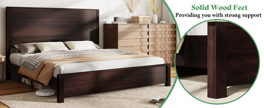 Rustic Solid Wood Platform Bed Frame With Spliced Headboard, Noise-Free Slat Support, No Box Spring Needed