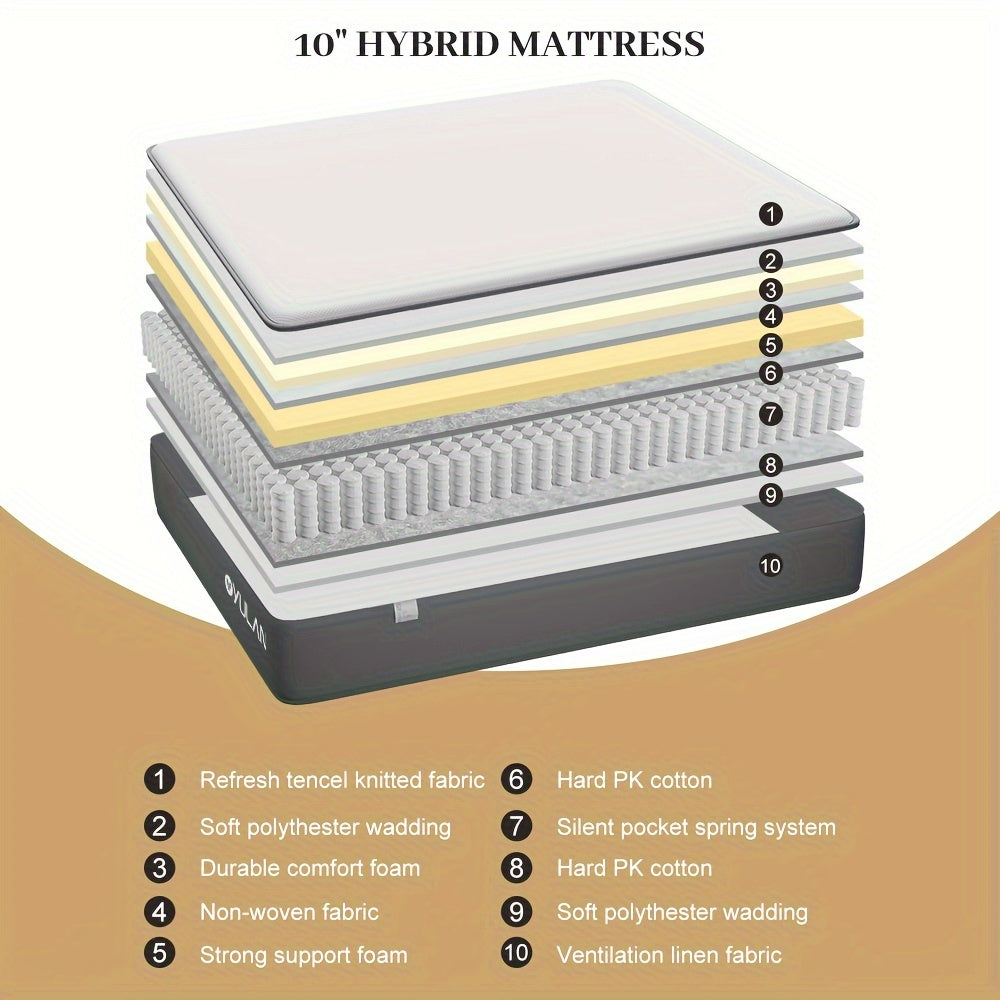 Pressure Relief 10 Inch Medium Mattress, Full Sizes Individual Pocket Spring With Premium Foam, Tight Top Mattress In A Box