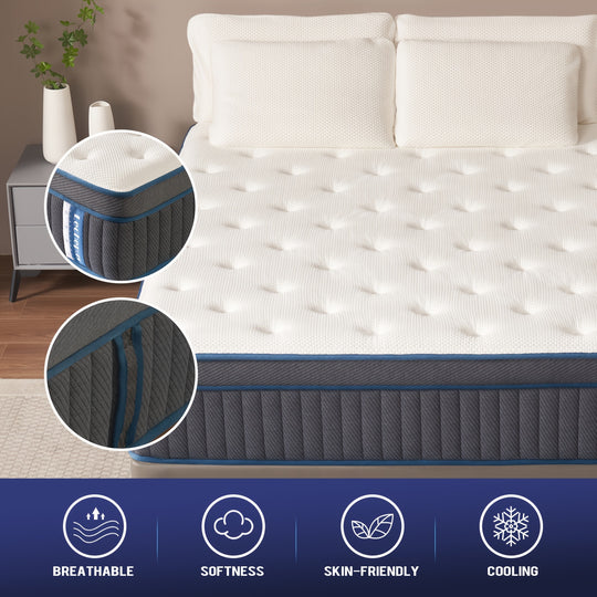 1pc Queen Size, Lechepus 14 Inch Medium Plush Hybrid Mattress, Gel Memory Foam & Pocket Springs, Fiberglass Free, Back Pain Relief, Comfort Bed In Box