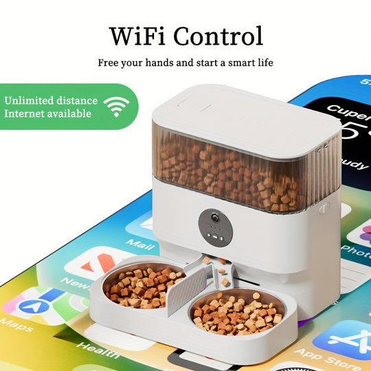 Large Capacity Automatic Dog Feeder, WiFi Cat Food Dispenser, with 1080P Camera, Can Feed 2 Cats and Dogs, 1.32gal Pet Feeder, APP Control, Two-way Audio, Dual Power, Three Versions, Ideal Gift for Pet Owners Does not include