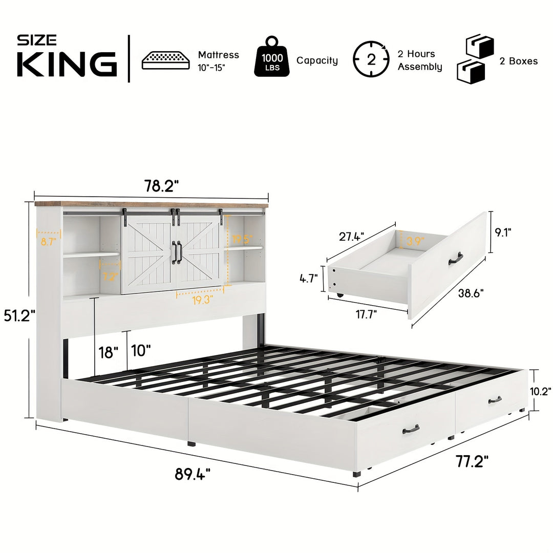 Wood Platform Bed Frame with 51.2" Bookcase Headboard, Storage Bed with Sliding Barn Door Charging Station 2 Drawers, No Box Spring Needed/Noise Free/Farmhouse