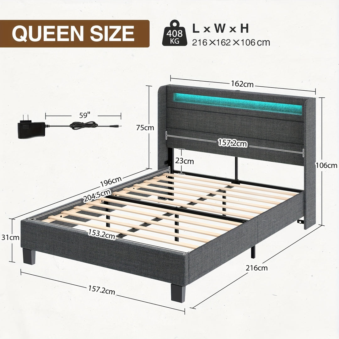 Twin/Full/King/Queen Size Bed Frame Avaliable, Bed Frame With Charging Station And Storage Headboard, Upholstered Bed With Heavy Duty Wood Slats, No Box Spring Needed, Noise Free, Easy Assembly