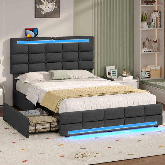 Queen/ Full Bed Frame With LED Lights, Queen Size Bed Frame With Adjustable Headboard, Bed Frame With Storage, No Box Spring Needed, Noise Free, Dark Grey