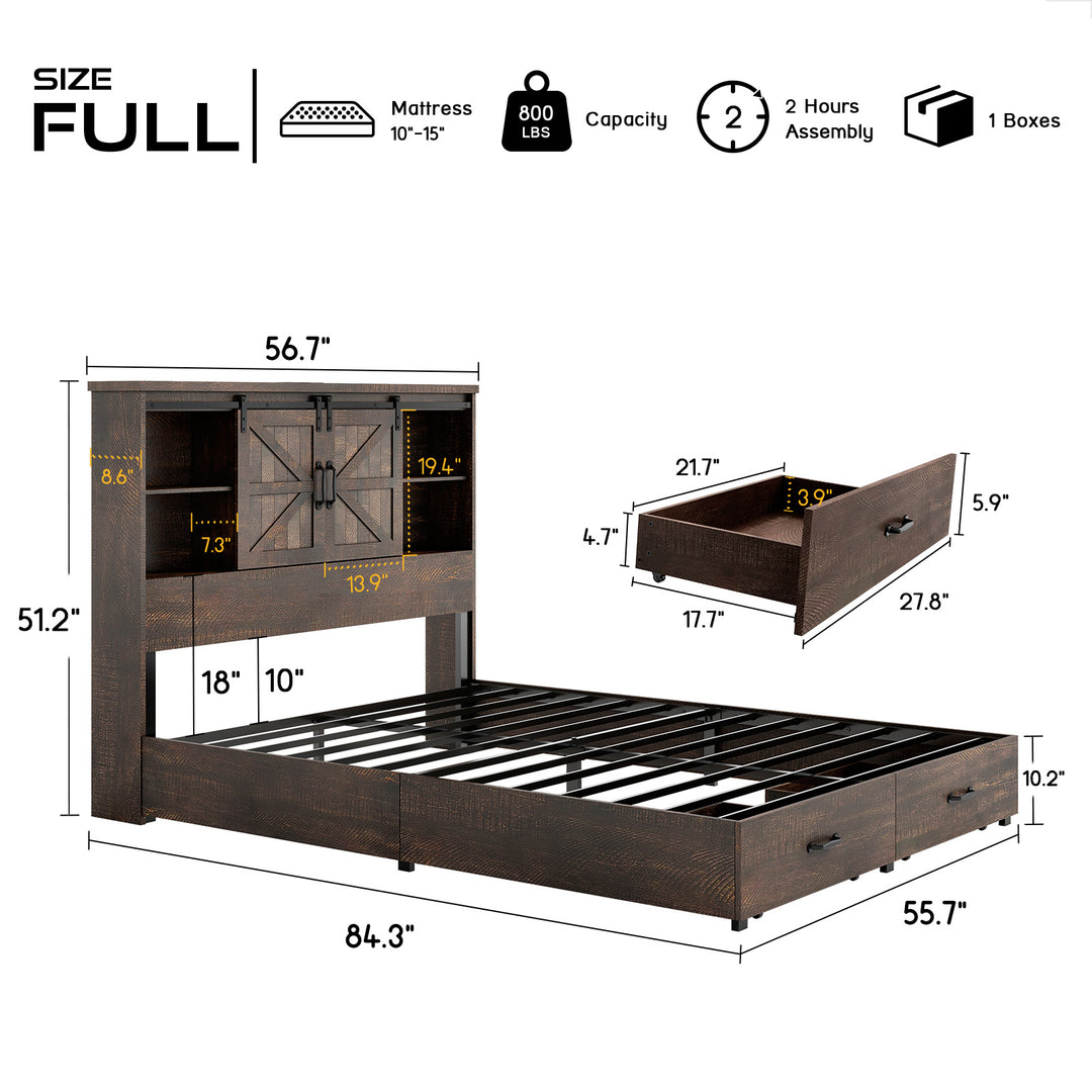 Farmhouse-Style Wooden Platform Bed Frame Boasting a 51.2" Bookcase Headboard, Integrated Storage with a Sliding Barn Door Charging Station and 2 Drawers - No Box Spring Required, Totally Noise-Free