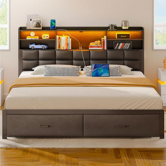 Bed Frame Full/Queen/King Size with Drawers and Charging Station, Upholstered Platform Bed with Storage Headboard and LED Light, Heavy Duty Metal Frame Support, No Box Spring Needed, Noise Free,