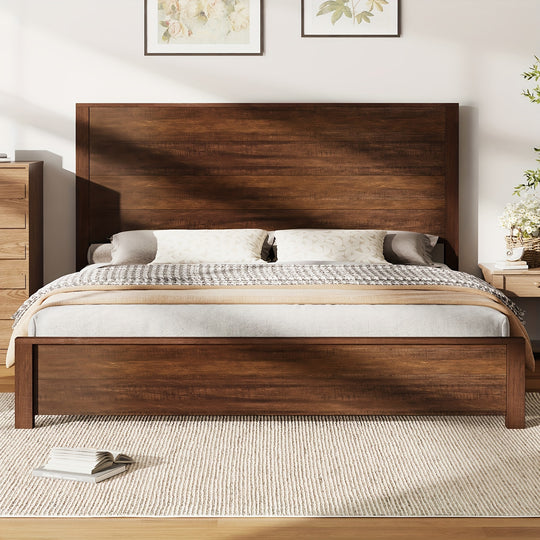 Rustic Solid Wood Platform Bed Frame With Spliced Headboard, Noise-Free Slat Support, No Box Spring Needed