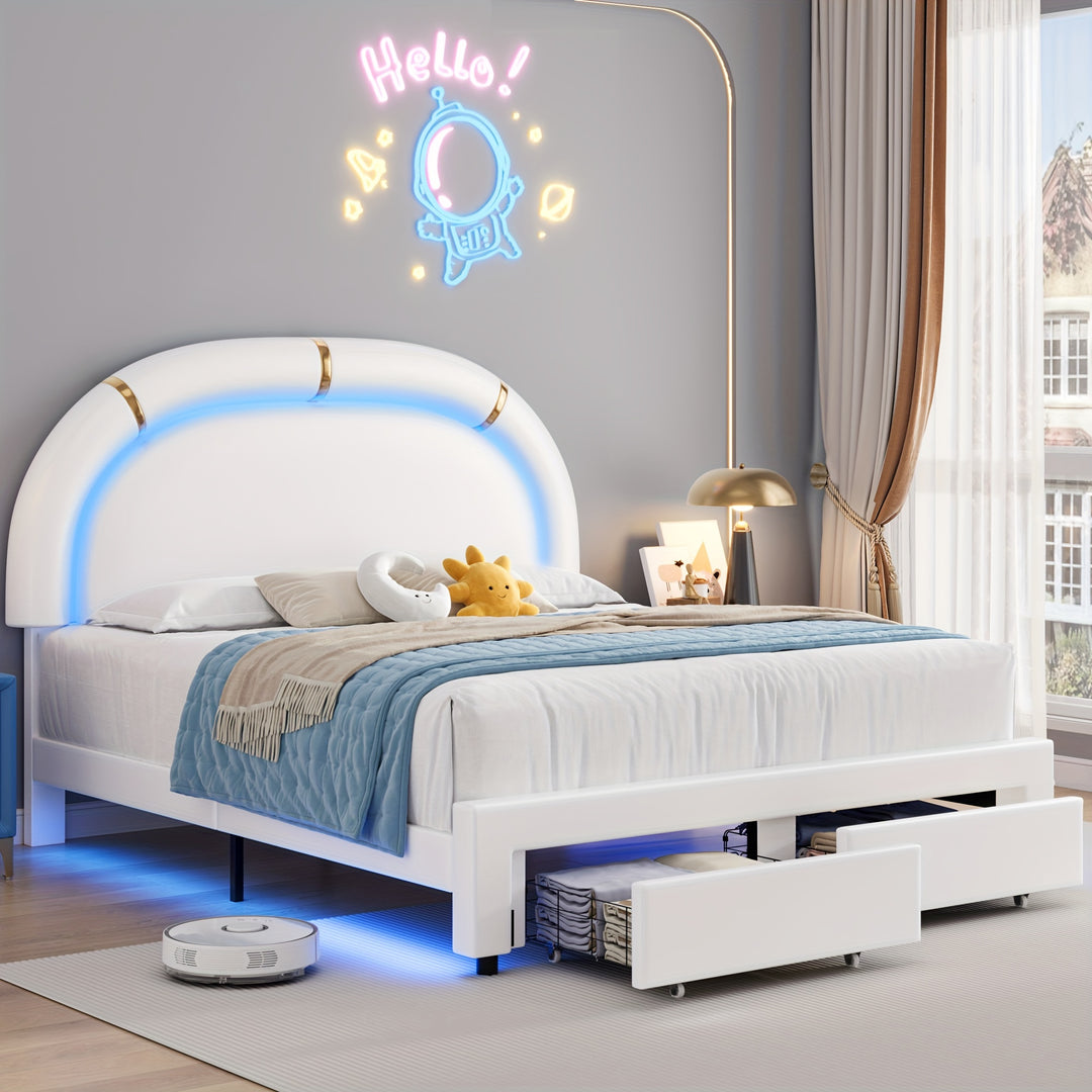 LED Bed Frame with 2 Storage Drawers, Modern Smart Faux Leather Upholstered Platform Bed Frame with Adjustable Semicircle Headboard