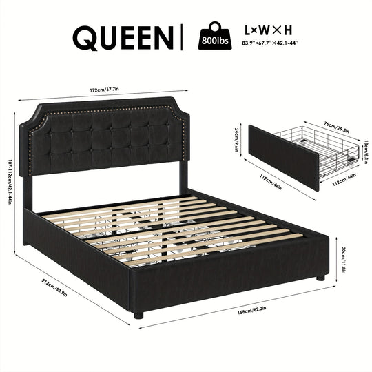 Upholstered Bed Frame with Storage Drawers, Platform Bed with Curved Button Tufted Headboard with Nailhead Trim, Solid Wooden Slats Support, No Box Spring Needed, Beige, White, Black, Full, Queen, King