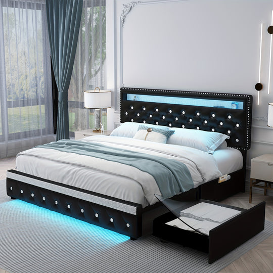 Queen Size Bed Frame With RGB LED Lights, Upholstered Bed Frames Full Size With 2 Storage Drawers, King Size Platform Bed With Adjustable Height Crystal Button Tufted Headboard, No Box Spring Needed, Noise-Free, Easy Assembly