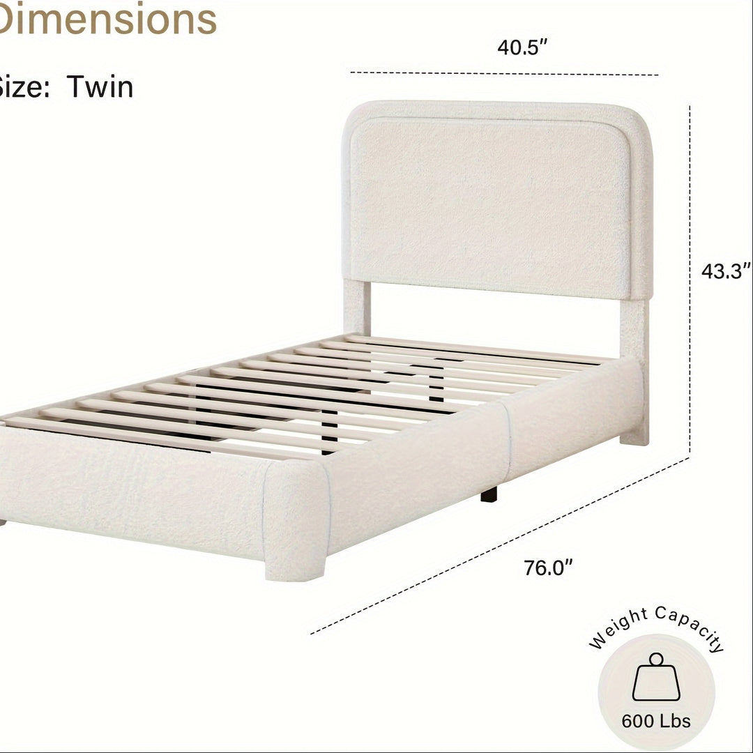 Upholstered Platform Bed Frame, Modern Style, Soft Rounded Corners, Noise Free, Easy Assembly, Off White Boucle