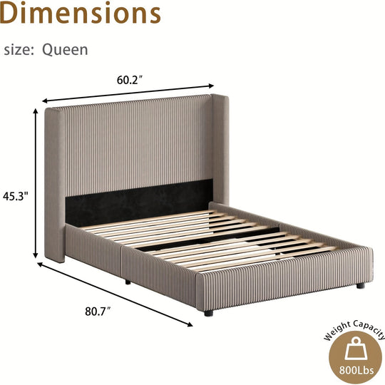 Upholstered Bed Frame, Corduroy Platform Bed With Vertical Channel Tufted Headboard, Soft Low Profile Bed, No Box Spring Needed, Easy Assembly