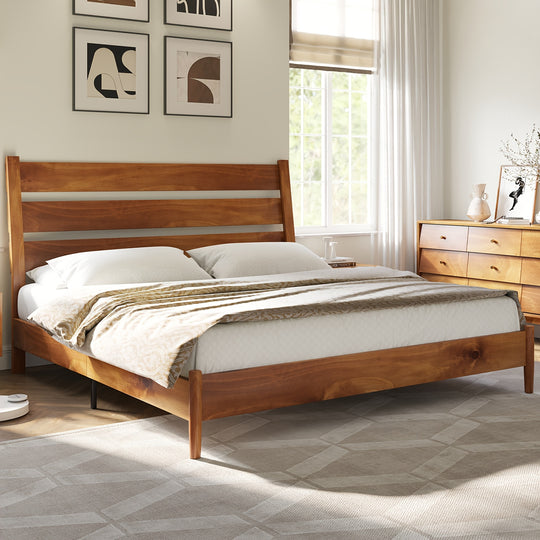 Solid Wood Bed Frame, Mid Century Platform Bed with Reclining Slatted Headboard, Wood Slat Support/No Box Spring Needed/Noise Free