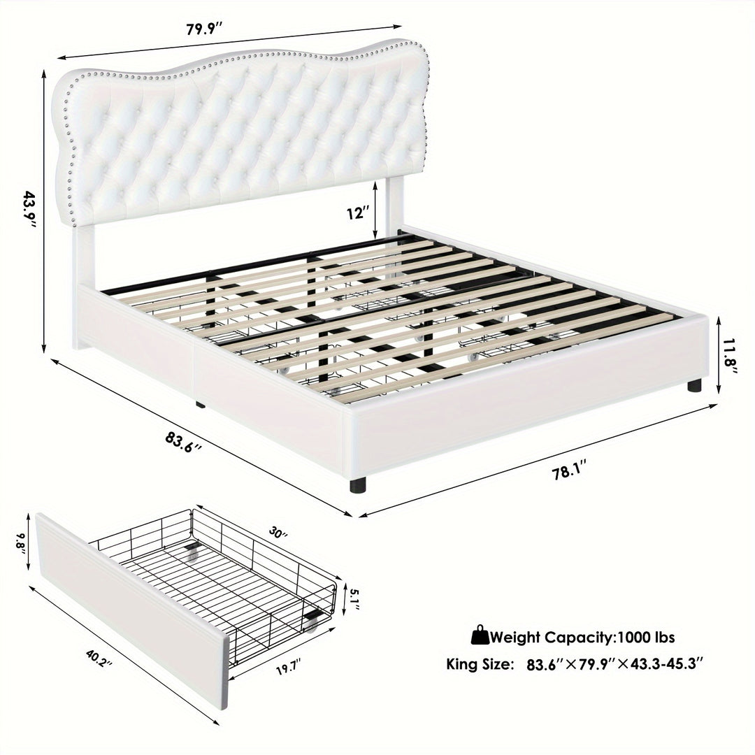 FULTRU Full/Queen/King Bed Frame with 4 Storage Drawers, Upholstered Platform Bed Frame with Button Tufted Headboard, Heavy Duty Mattress Foundation with Wooden Slats, No Box Spring Needed