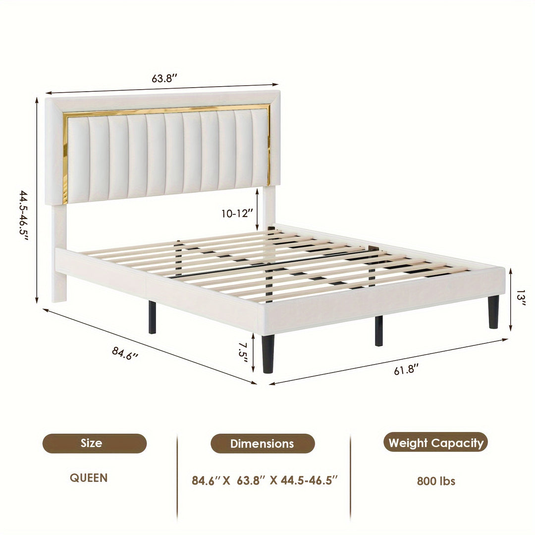 FULTRU Queen/ King Size Bed Frame With Adjustable Tufted Headboard, Modern Bed with Metal Gold, Velvet Upholstered Platform Bed Frame With Gold Trim, Heavy Duty Mattress Foundation With Steel Frame, Easy-Assembly Slats, Beige