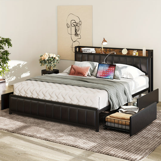 Queen Bed Frame With Storage Drawers In Headboard And Footboard, Upholstered Platform Bed Featuring USB Ports And Outlets, No Box Spring Required For Convenient Setup