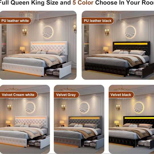 King Led Smart Bed Frame With 4 Storage Drawers, Smart Control RGBW LED Lights Headboard Footboard, Control DIY Color, Box Spring Optional, Girls Bedroom Furniture Luxury Bed Frame Velvet Off-White