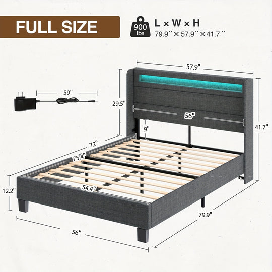 Twin/Full/King/Queen Size Bed Frame Avaliable, Bed Frame With Charging Station And Storage Headboard, Upholstered Bed With Heavy Duty Wood Slats, No Box Spring Needed, Noise Free, Easy Assembly