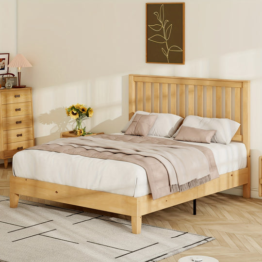 Solid Wood Bed Frame with Headboard, Mid-Century Platform Bed with Wood Slat Support/No Box Spring Needed/Easy Assembly