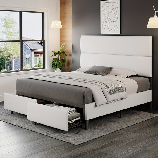 Queen 47.6" Upholstered Bed Frame With Two Storage Drawers, Linen Platform Bed Featuring A Height-Adjustable Headboard White