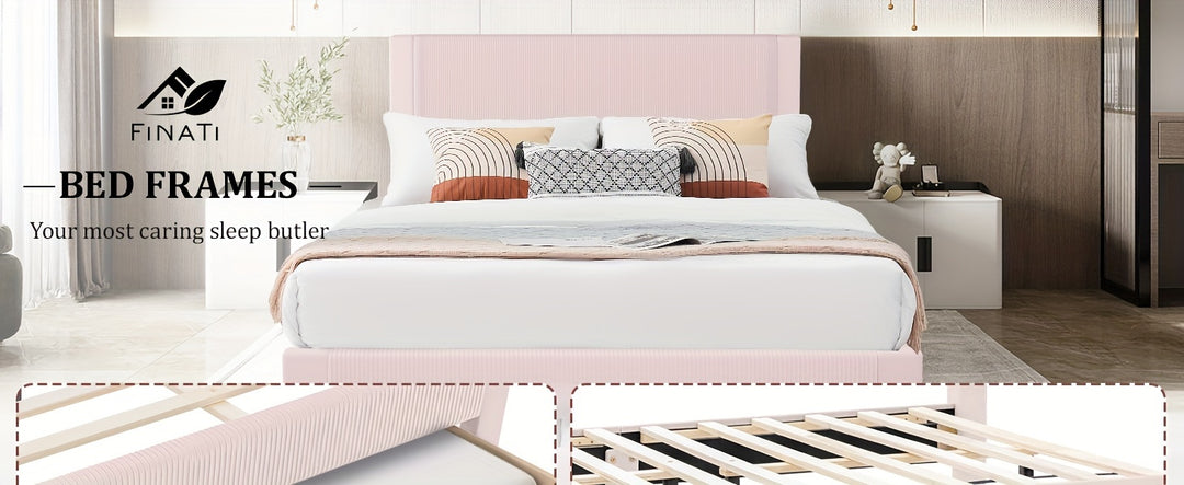 Queen Size Velvet Upholstered Bed Frame with Storage, Wood Platform Bed, 12 Slats, Wheels, Pink, Grey