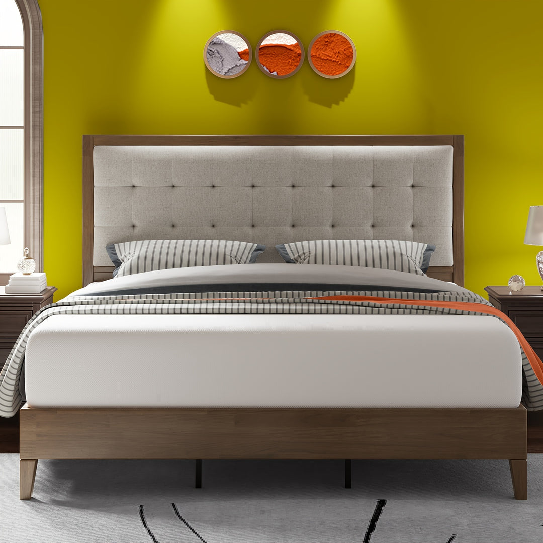 PaPaJet Wood Platform Bed with Headboard Upholstered Tufted Headboard/Solid Wood Bed No Box Spring Needed