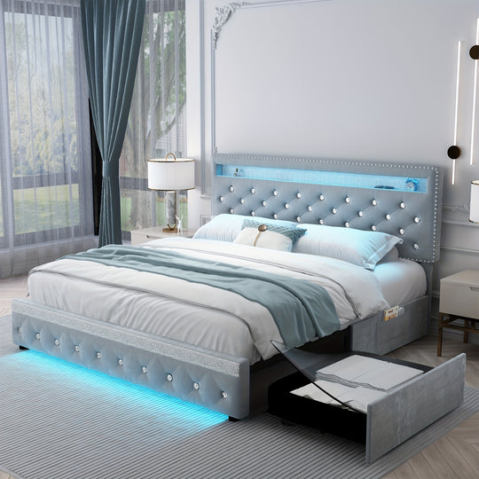 Sibeds Queen Size Bed Frame, LED Lights, Storage Drawers, Tufted Headboard, No Box Spring Needed