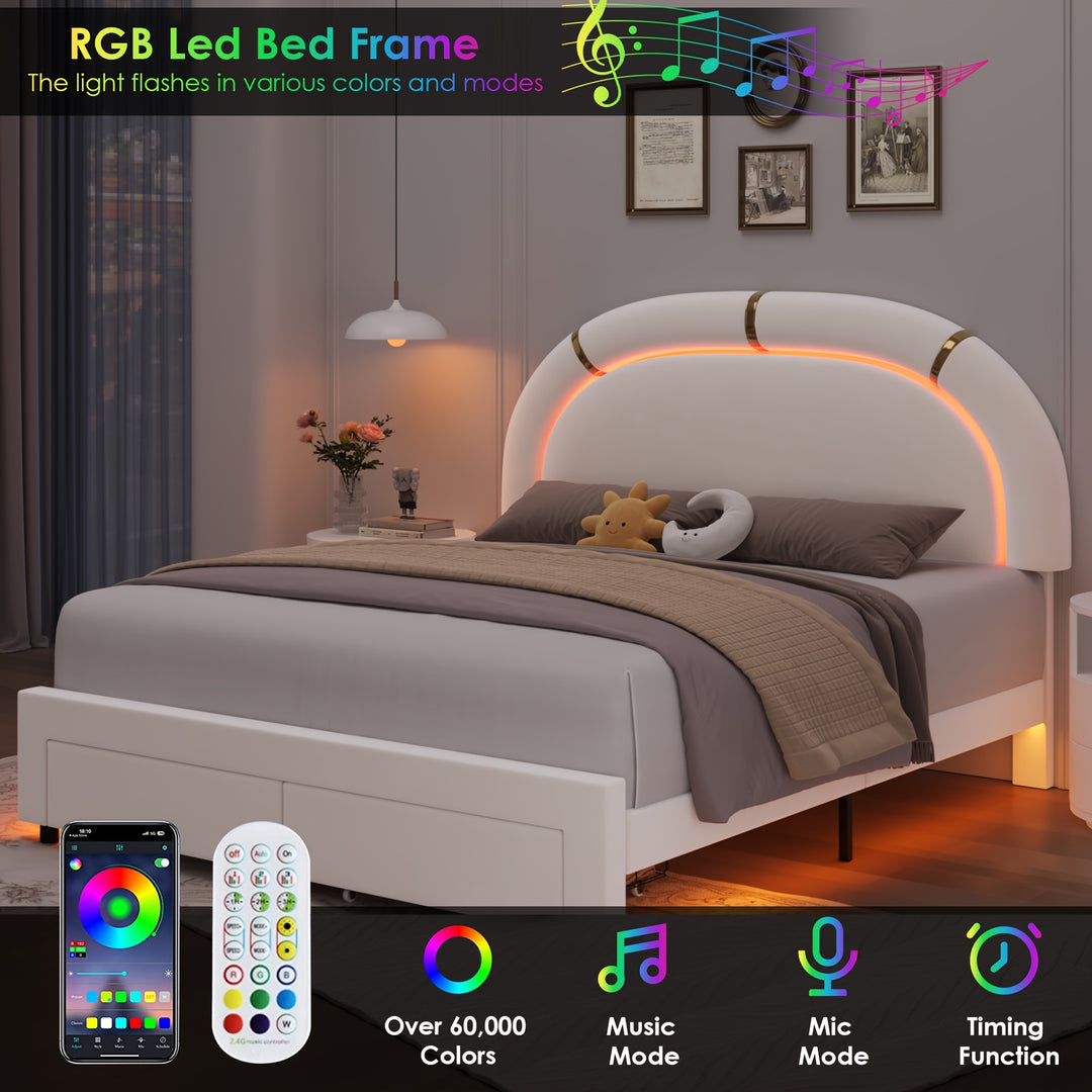 LED Bed Frame with 2 Storage Drawers, Modern Smart Faux Leather Upholstered Platform Bed Frame with Adjustable Semicircle Headboard