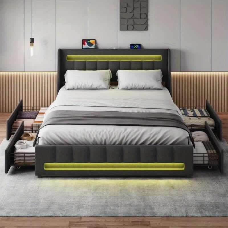 Queen/Full Size Metal Platform Bed, Upholstered Linen, 4 Drawers, LED Headboard, Dark Grey