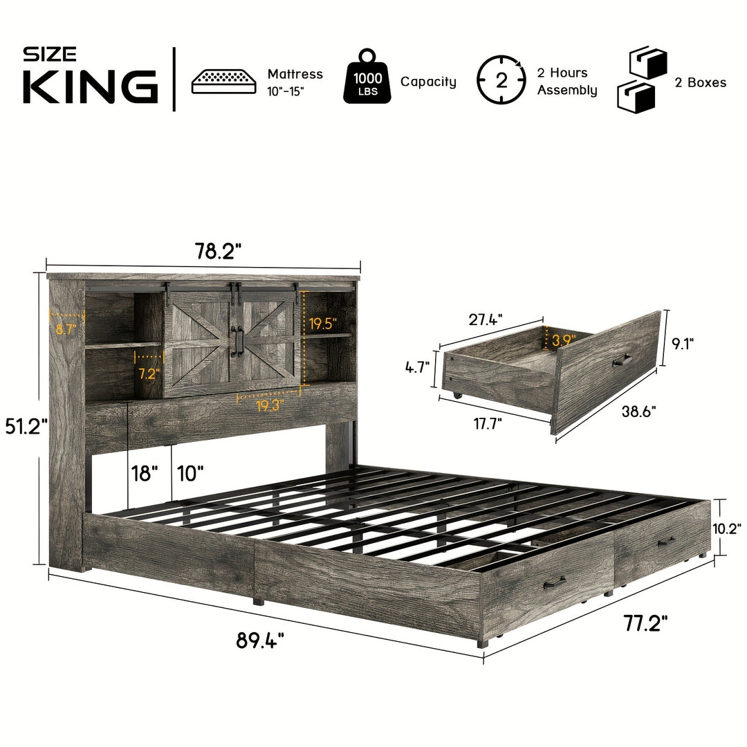 King Size Bed Frame, Wood Platform Bed Frame with 51.2" Storage Headboard, Barn Door Charging Station and Drawers, No Box Spring Needed, Noise-Free Farmhouse Design, Rustic Grey