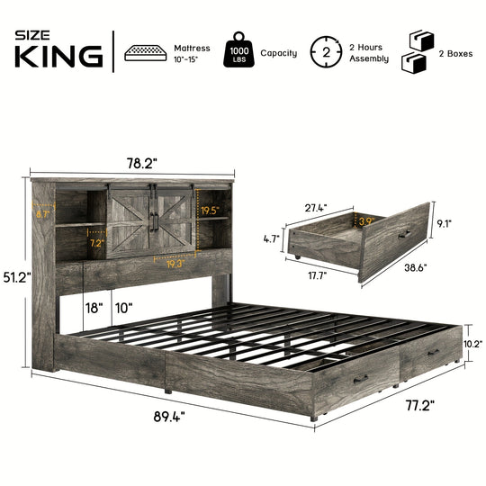 King Size Bed Frame, Wood Platform Bed Frame with 51.2" Storage Headboard, Barn Door Charging Station and Drawers, No Box Spring Needed, Noise-Free Farmhouse Design, Rustic Grey