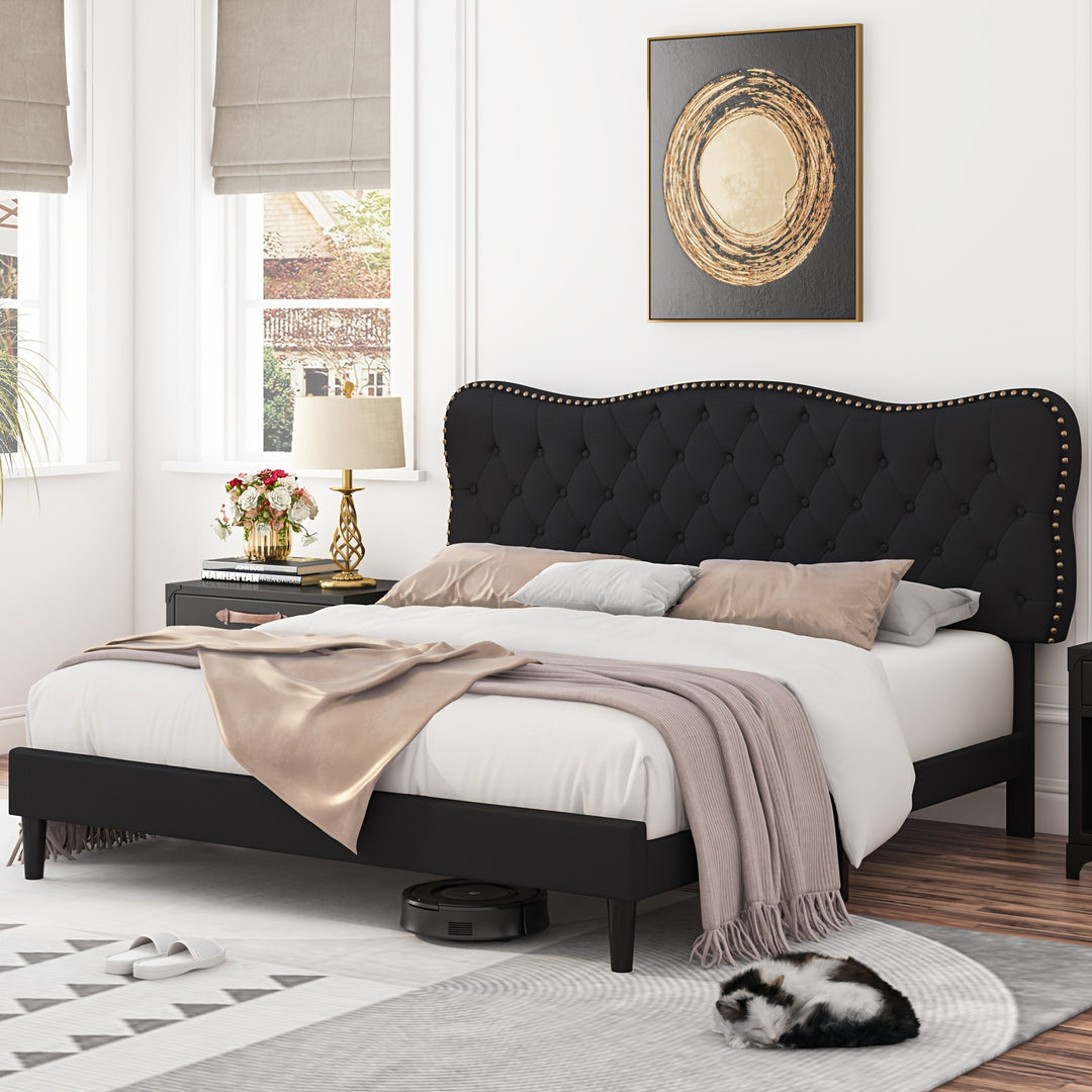 FULTRU Full/Queen/King Bed Frame, Velvet/Linen Fabric Upholstered Platform Frame, Modern Bed with Adjustable Headboard, Diamond Tufted Mattress Foundation Wood Slats, Easy Assembly, No Box Spring Needed