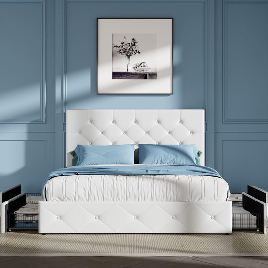 HOOMIC Full/Queen/King Size Platform Storage Bed Frame with 4 Drawers & Adjustable Headboard, Wooden Slats, No Box Spring Needed, Diamond Stitched Button Tufted Design, Noise Free, Easy Assembly